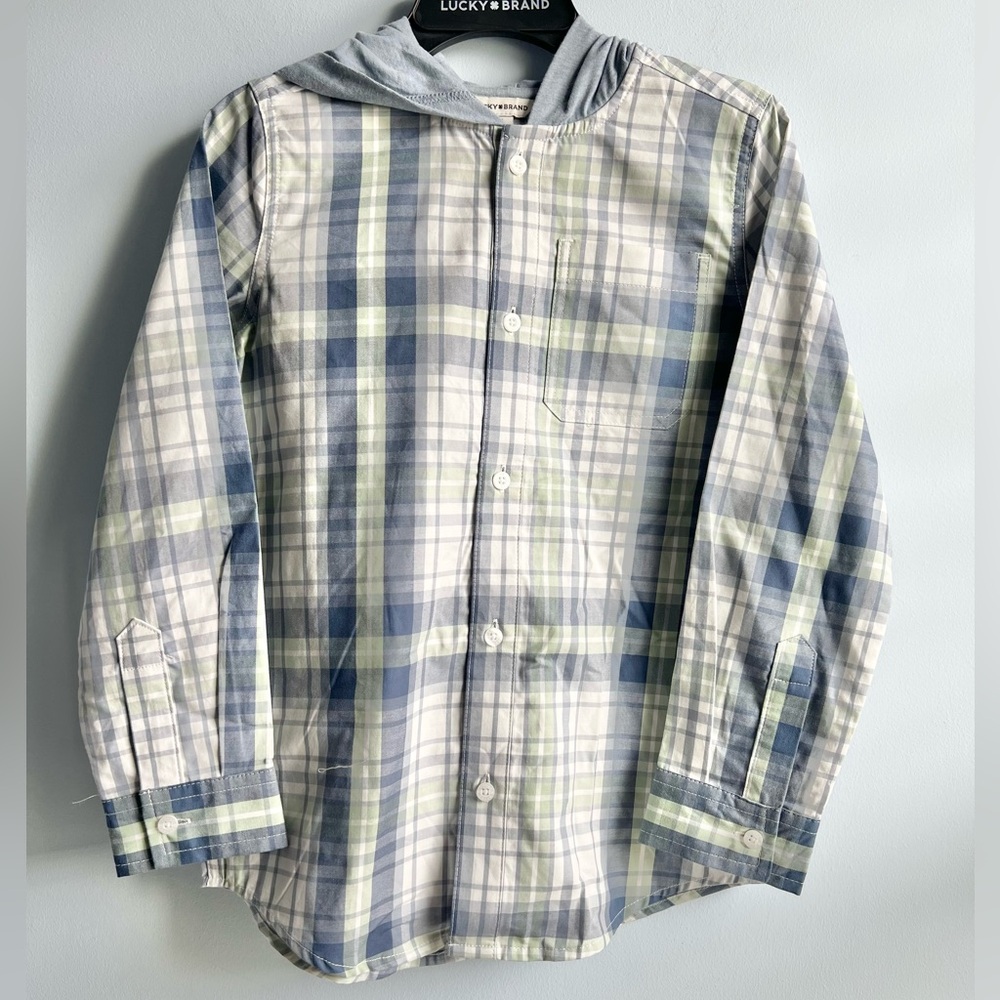 Lucky Brand Boys Hooded Plaid Blue & White Woven Shirt Size Medium